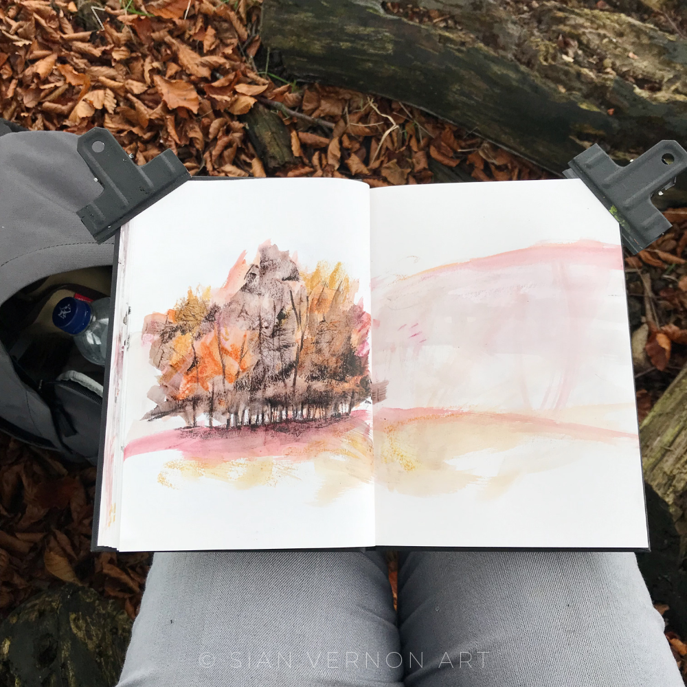 Sketching autumnal trees from Boggart View at Longshaw